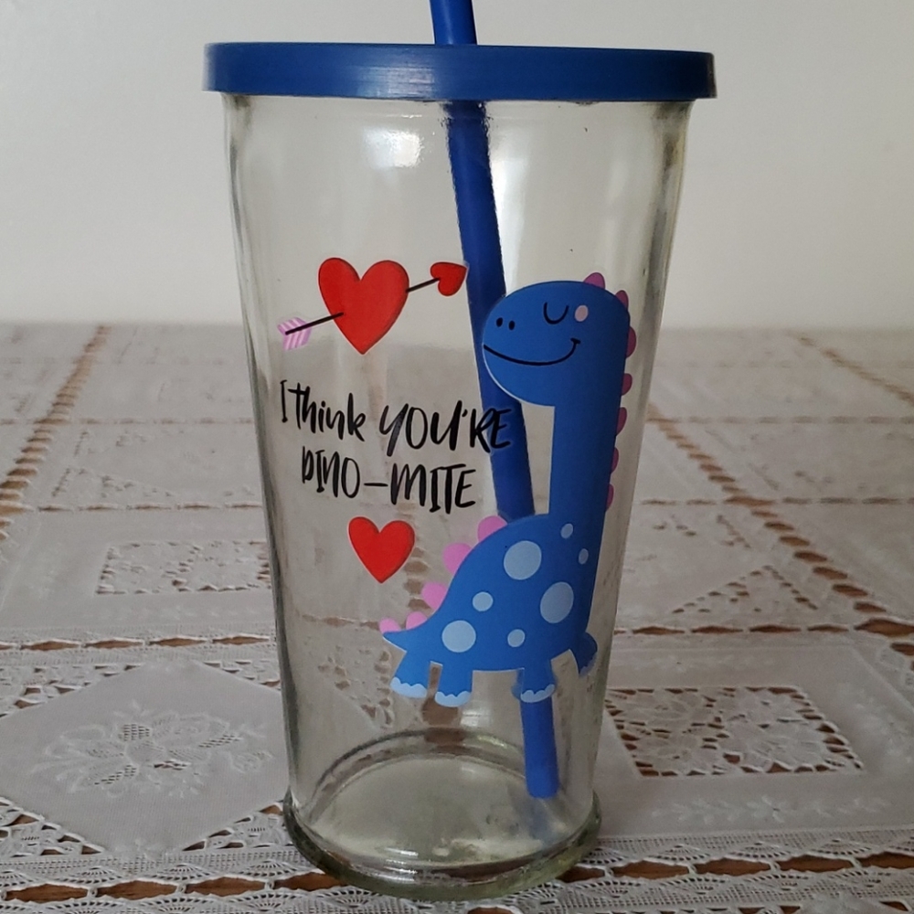 I think you're dinomite dinosaur blue glass tumbler water drink beverage cup